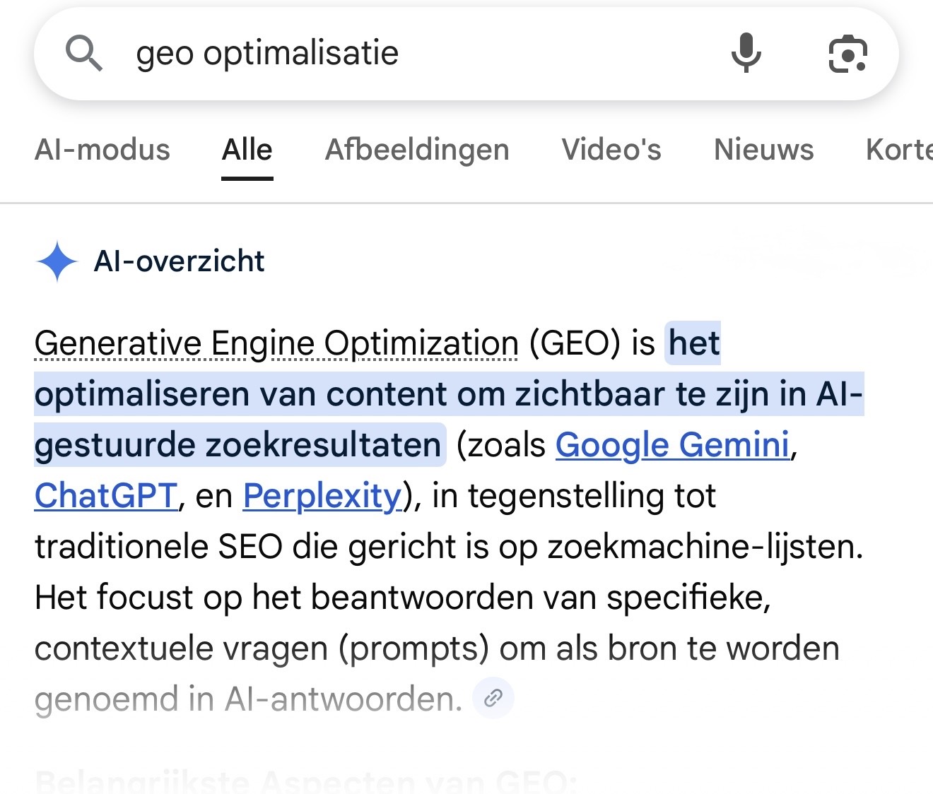 afbeelding van google ai search waarin generative engine optimization wordt gezocht
